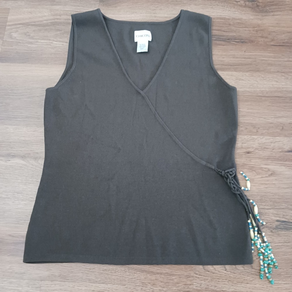 Chico's Beaded Fringe Brown Tank Top Shirt Boho Size 1 - Medium